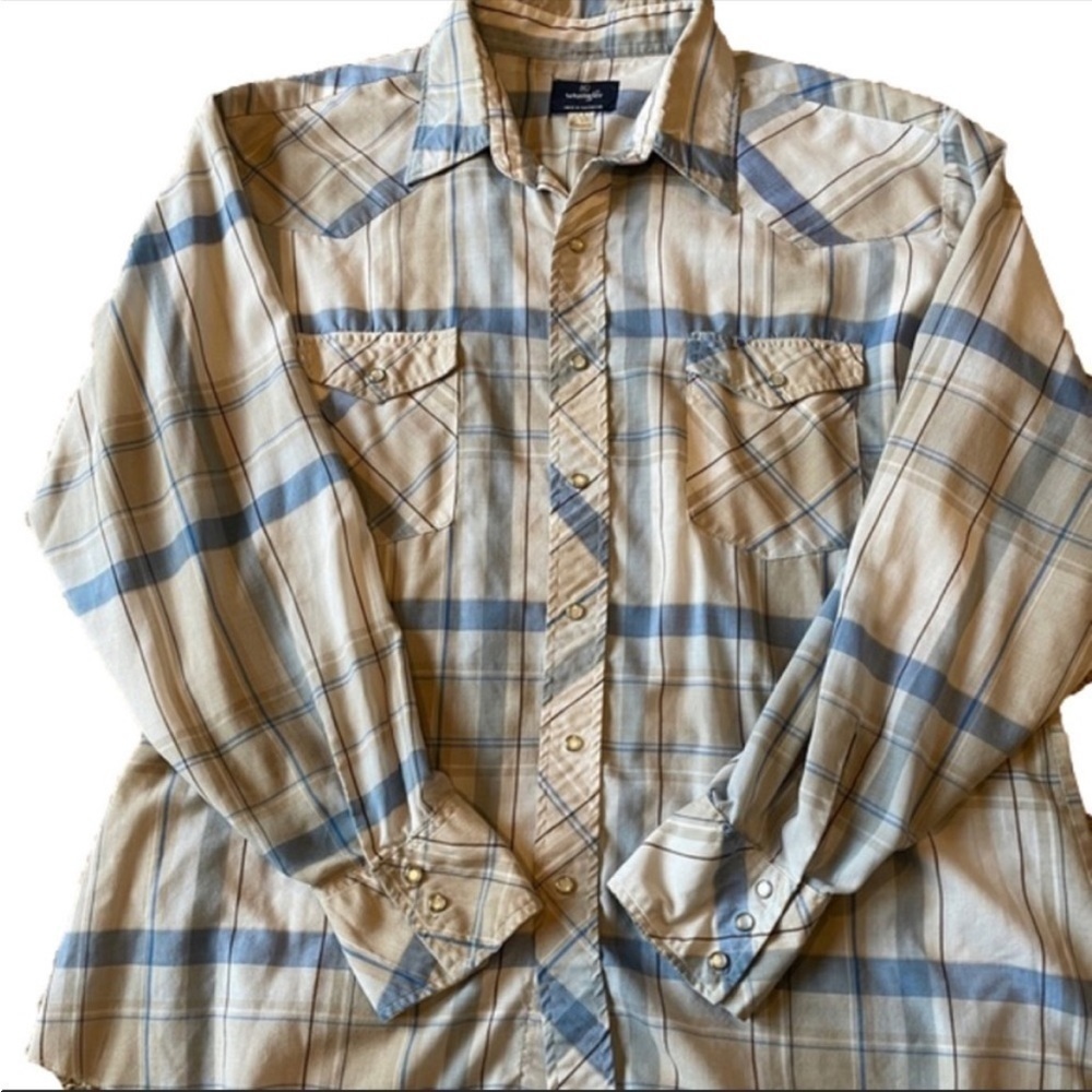Wrangler Vintage Mens Cream and Light Blue XL Western Plaid Long Sleeve Shirt
